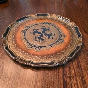 Florentine Italian hand-painted Mid Century Black Gold Gilded Serving Tray 12.5
